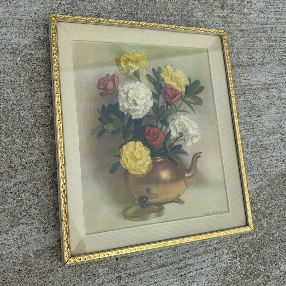 Metalcraft 3D Flower Teapot Picture 12 x 14" Vintage Framed floral Dimension III